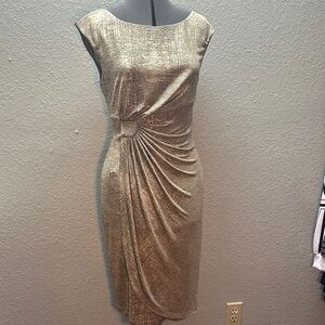Connected Apparel Elegant Gold Faux Wrap Sheath Dress size 10